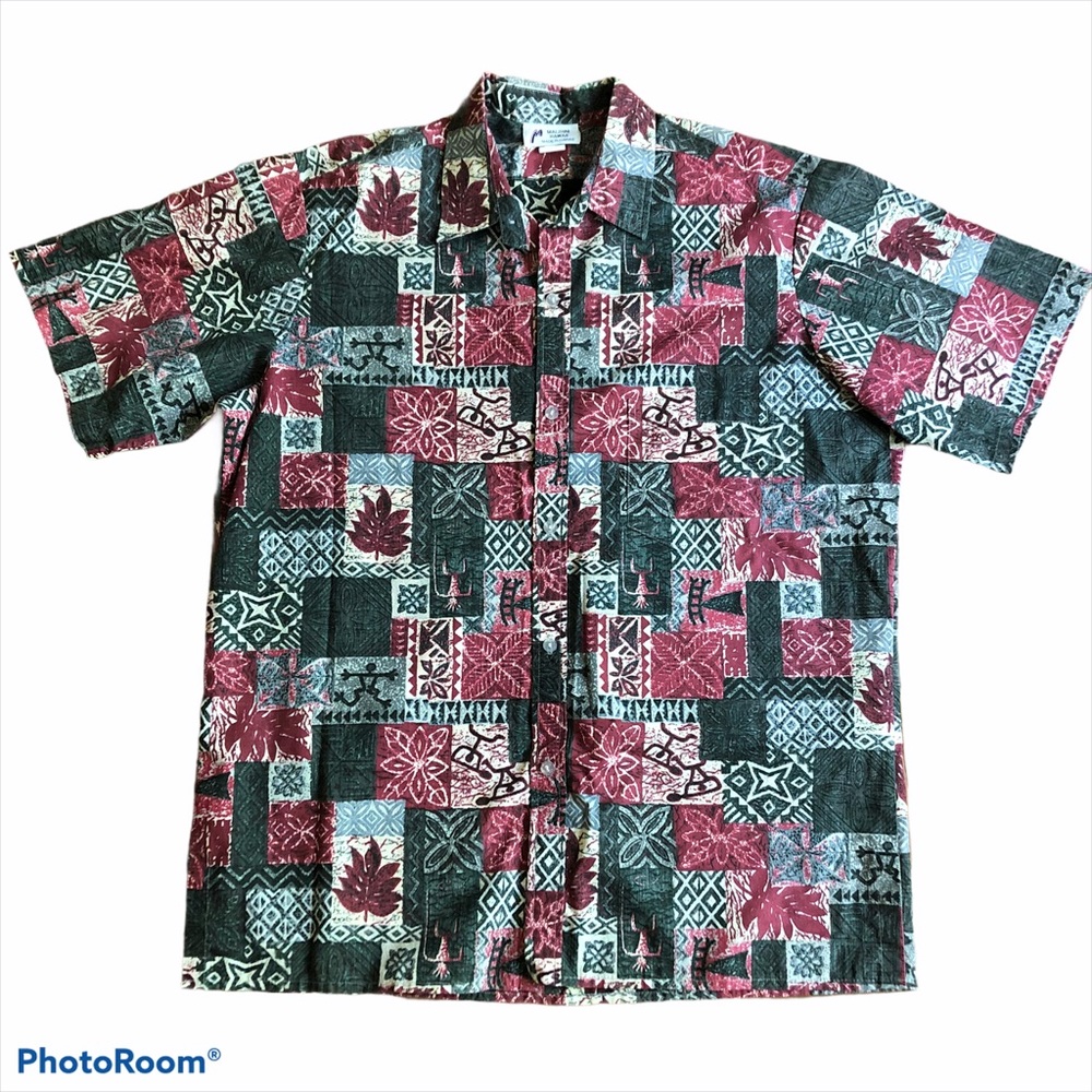 Malihini Hawaiian Button Up Shirt XL Gray Red S/S